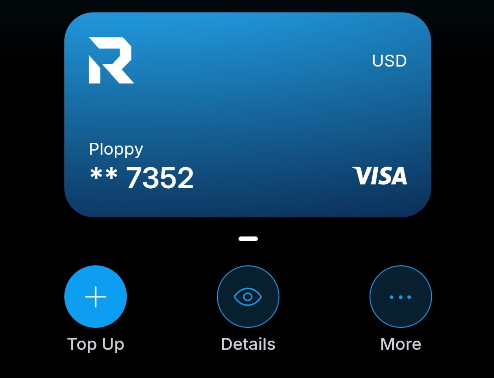 No-KYC card app showing a blue USD Visa card ending 7352 with Top Up, Details and More buttons