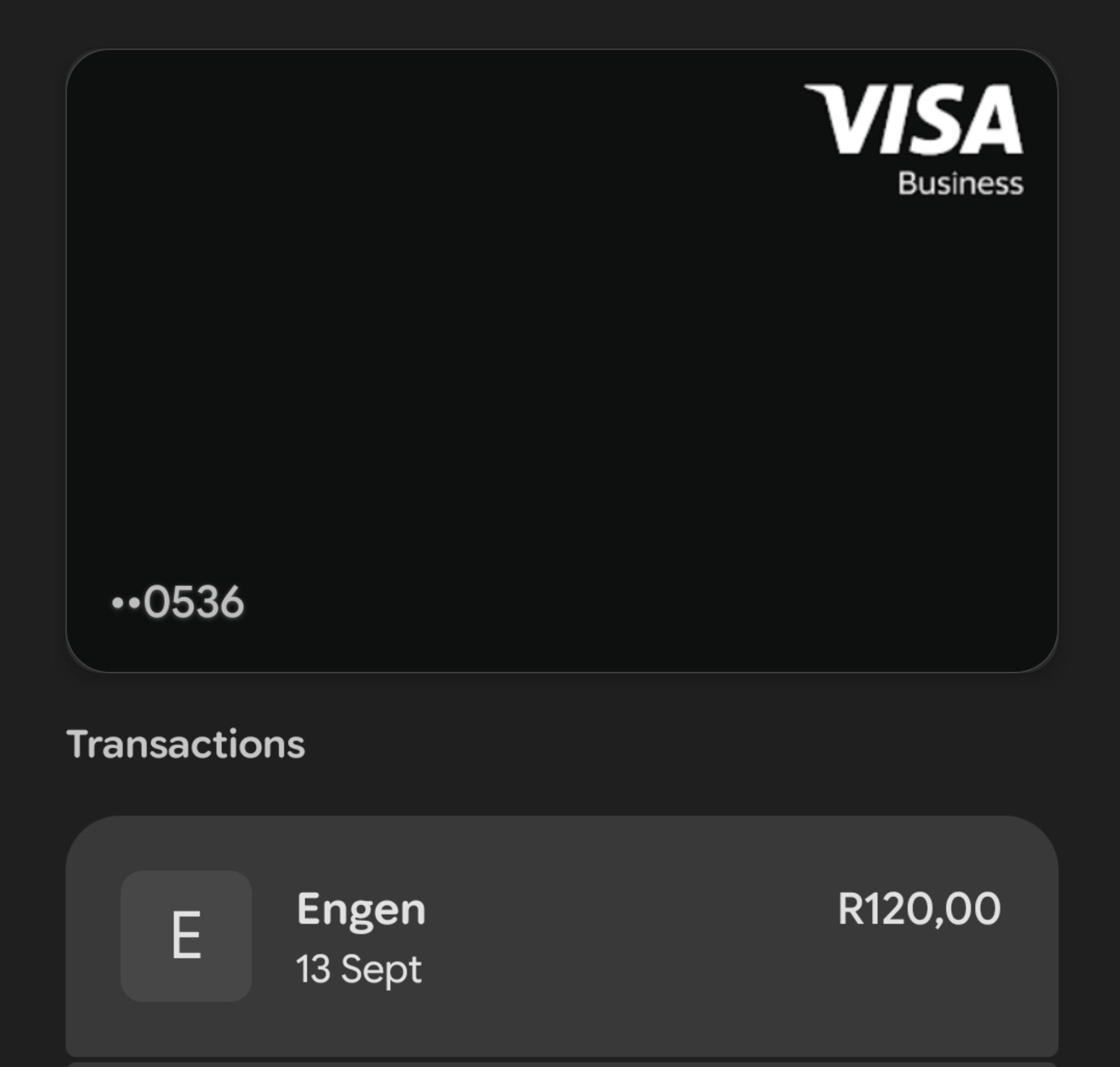 Black Visa Business card ending 0536 with a R120 Engen transaction on 13 September