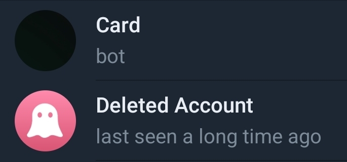 Telegram chat list showing the card bot and a deleted account last seen a long time ago