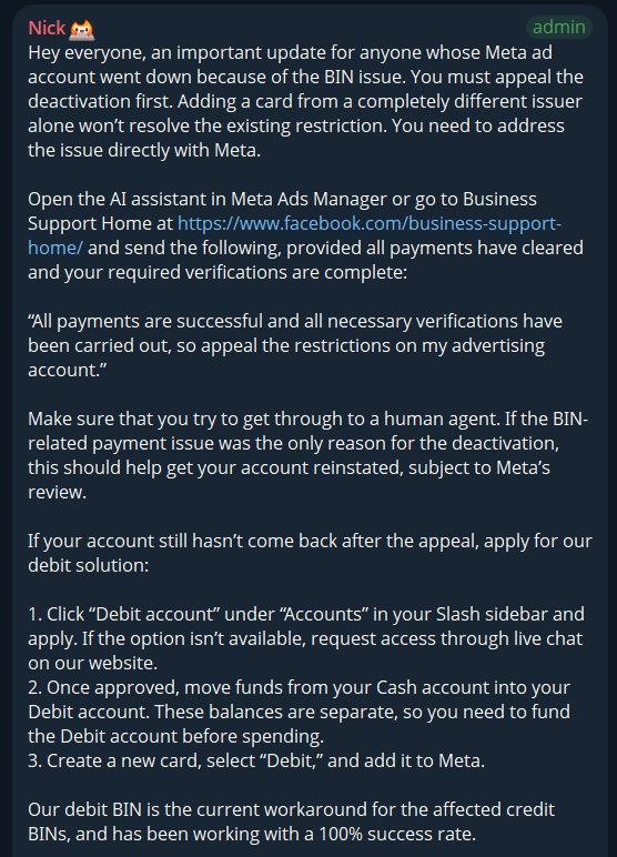 Message from a Slash admin in a Telegram group explaining how to appeal a Meta ad account deactivation caused by the BIN issue and how to switch to a Slash debit card