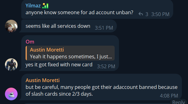 Telegram group chat where users ask for help getting ad accounts unbanned and one writes that many people got their ad account banned because of Slash cards in the last 2 to 3 days