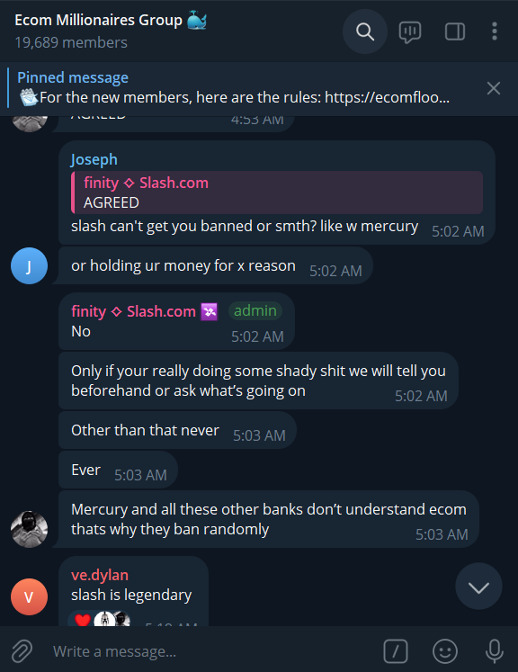 Telegram messages from an admin named finity Slash.com saying they will only freeze accounts doing shady activity and will tell users beforehand