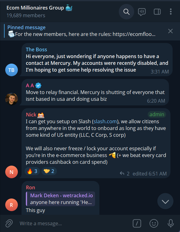 Telegram message from an admin named Nick offering to set up users on Slash from anywhere in the world with a US entity and promising never to freeze or lock accounts
