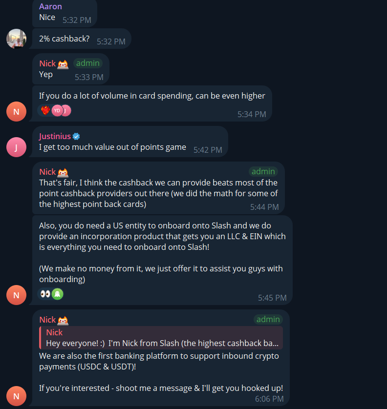 Telegram messages from admin Nick about Slash cashback and an incorporation product that provides an LLC and EIN to onboard onto Slash