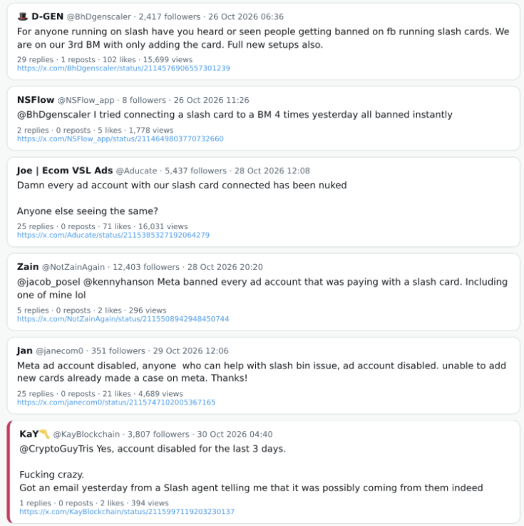 Collection of X posts from advertisers on 26 to 29 Oct 2026 saying their Meta ad accounts were banned after adding or paying with a Slash card