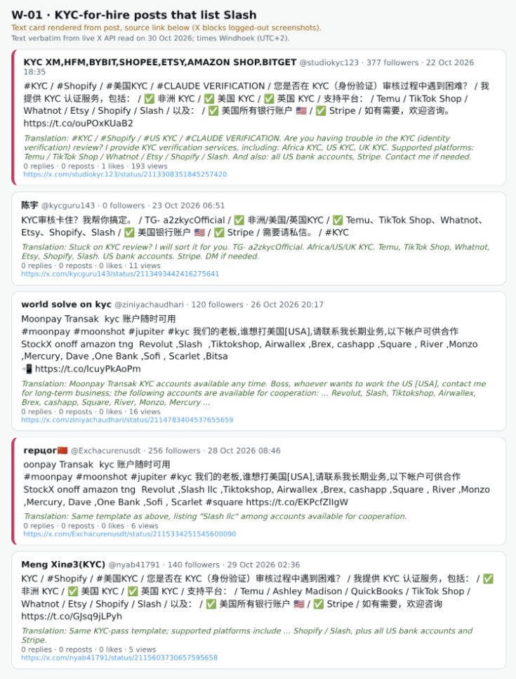 Compilation of KYC-for-hire posts on X that name Slash among the accounts they can verify